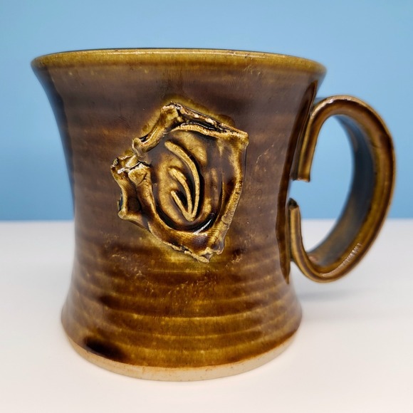 Studio Pottery Hand Thrown Brown Glaze Coffee‎ Mug with Sea Oat Stamp Coastal 🌾 - Picture 1 of 10